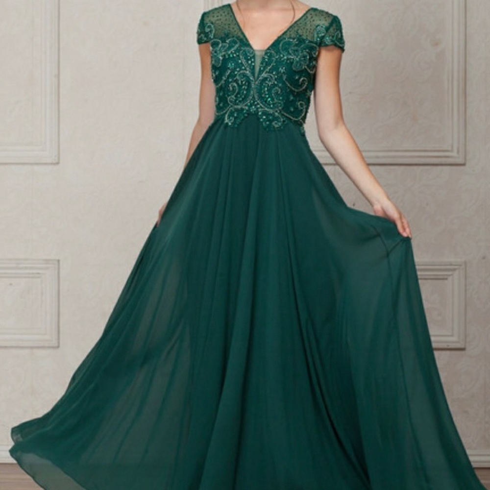Emerald green beaded chiffon dress
